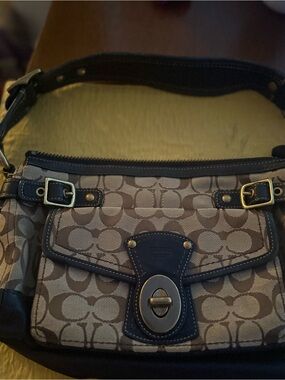 Coach Khaki Canvas Shoulder Bag with Dark Brown Trim